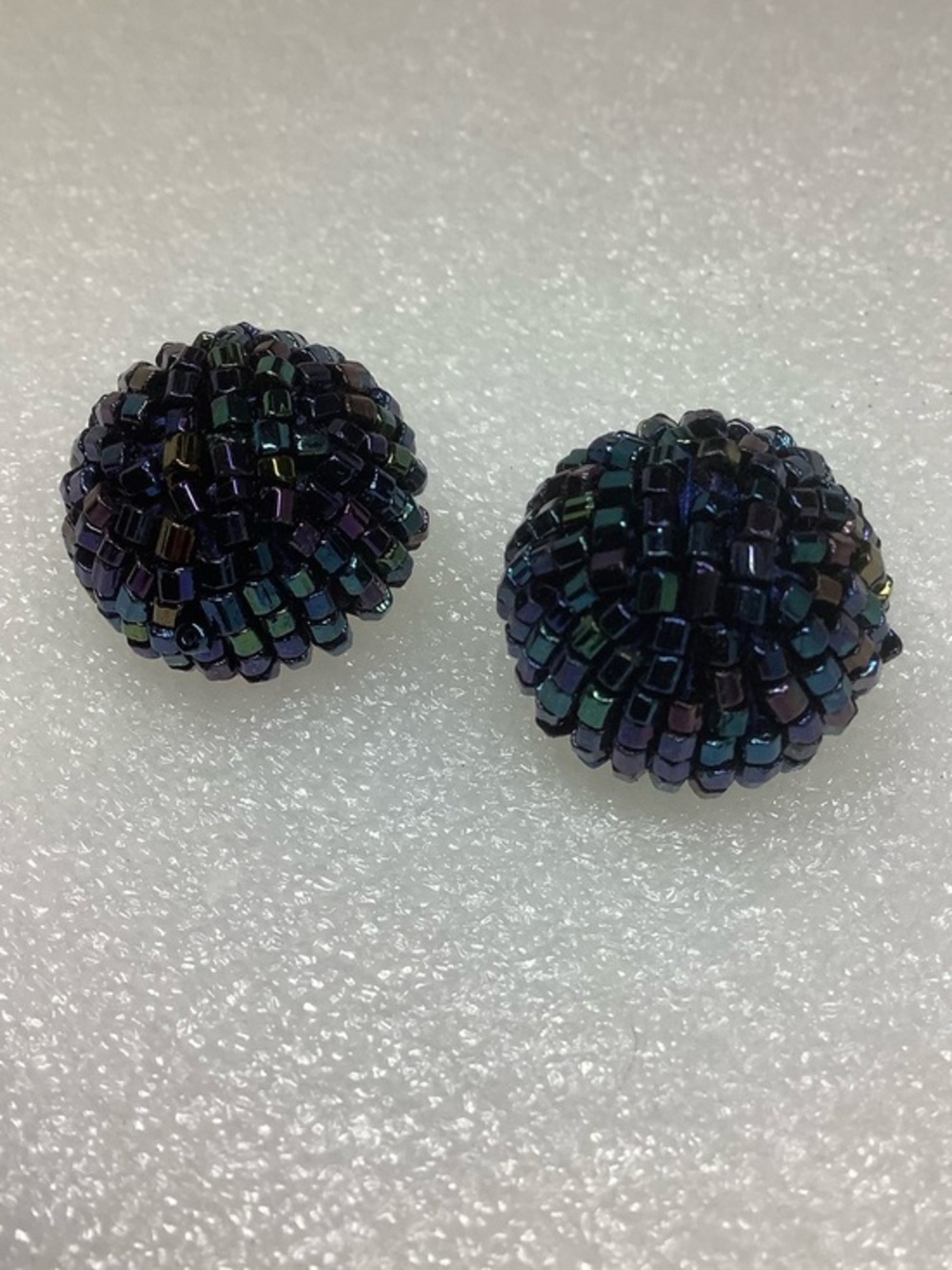 Vintage Iridescent Midnight Blue Beaded Dome Clip-On Earrings